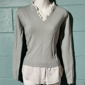 Vila Milano Gray V-neck Sweater With Ruffle Trim and Dress Shirt Layering